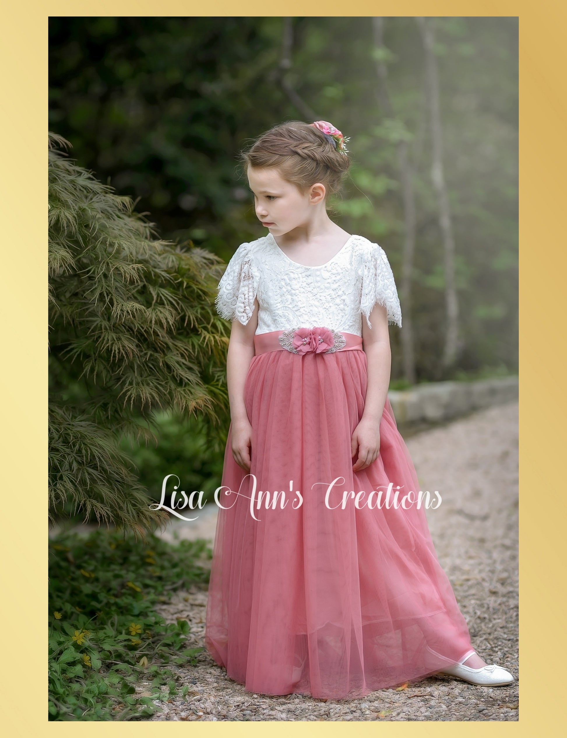 Short sleeve flower girl dress dusty rose tulle white lace bodice