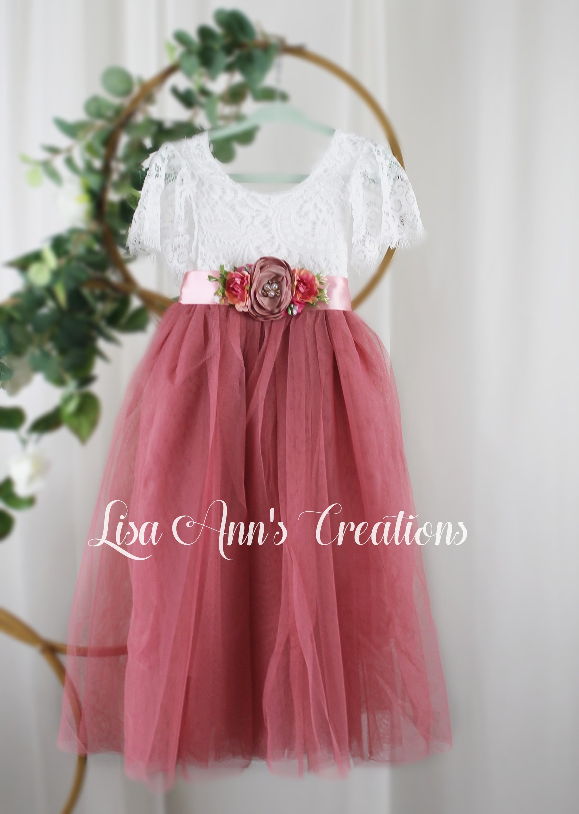 Flower Girl Dress Dusty Rose Tulle Short Sleeve Boho Style Dress Lisa Ann's Creations Flower Girl Dress Dusty Rose Tulle Short Sleeve Boho Style Dress Lisa Ann's Creations