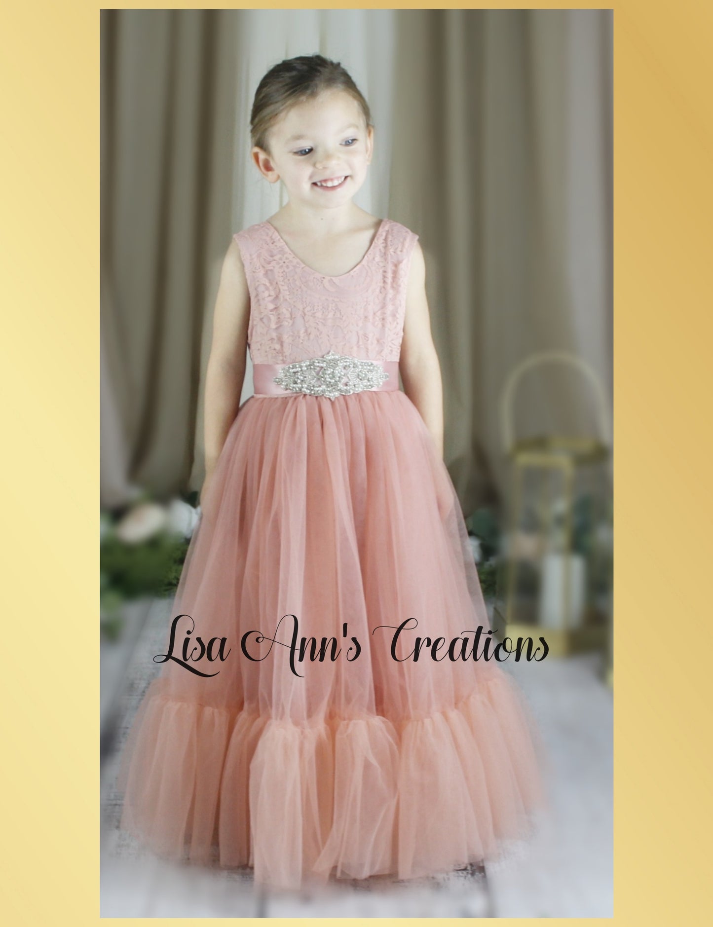 Boho flower girl dress in blush tulle and sleeveless lace