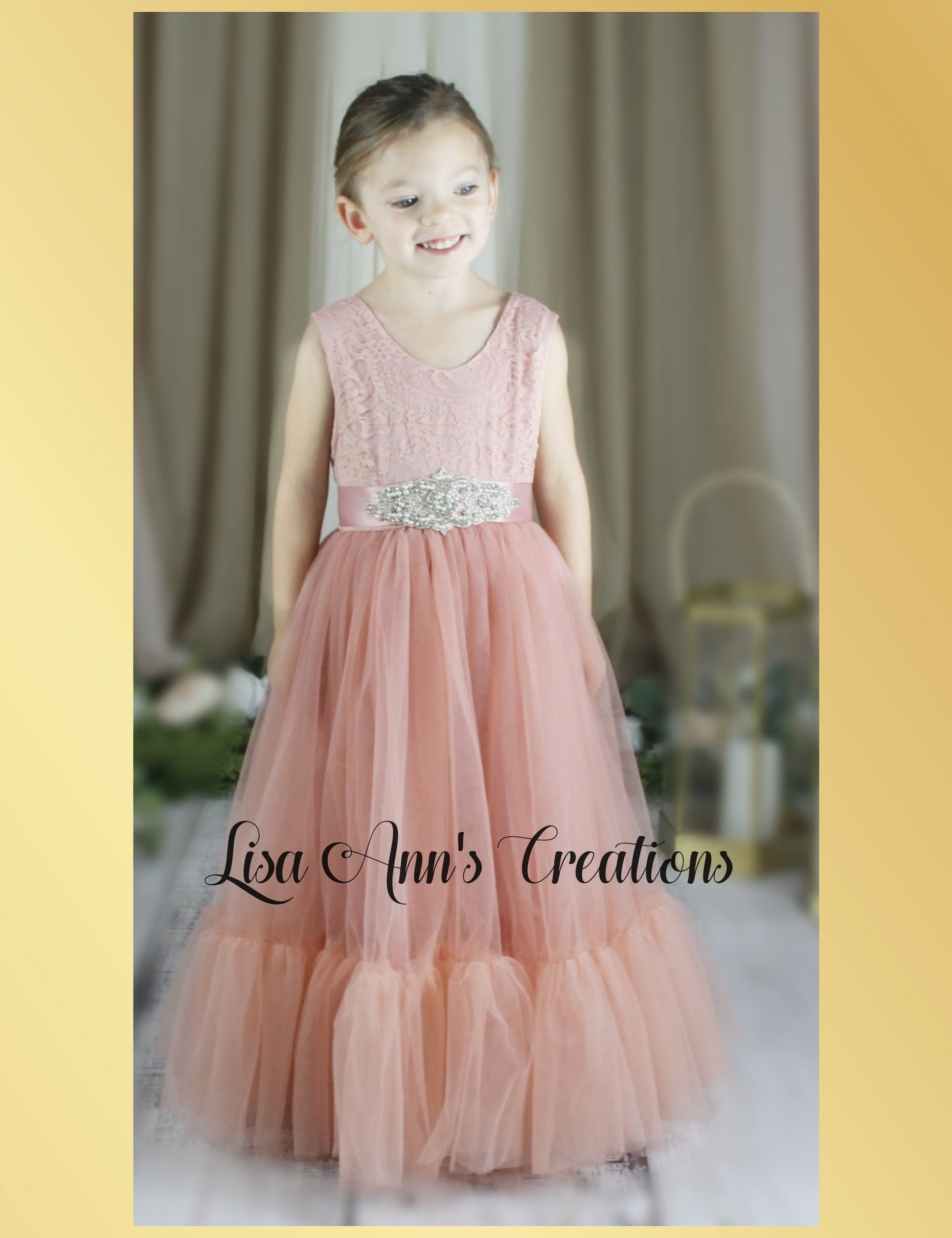 Boho flower girl dress in blush tulle and sleeveless lace