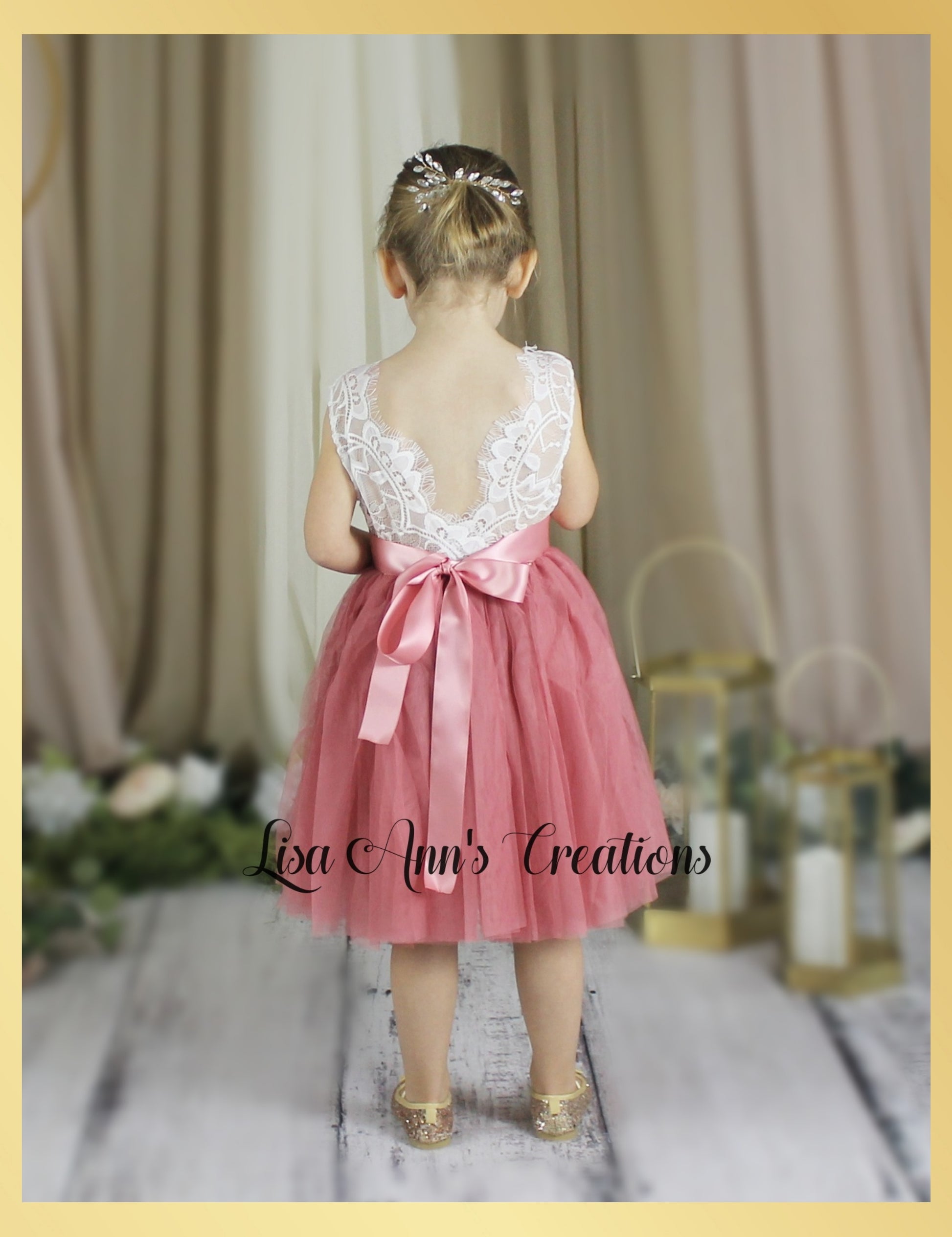 dusty rose flower girl dress knee length with white lace bodice