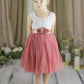 flower girl dress dusty rose knee length with white lace bodice