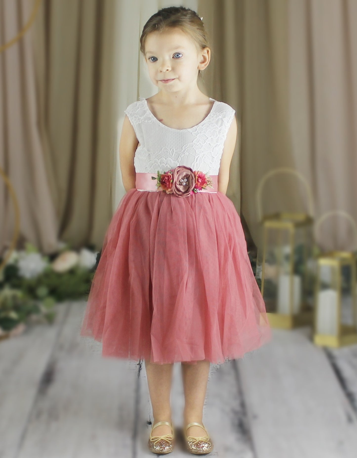 flower girl dress dusty rose knee length with white lace bodice