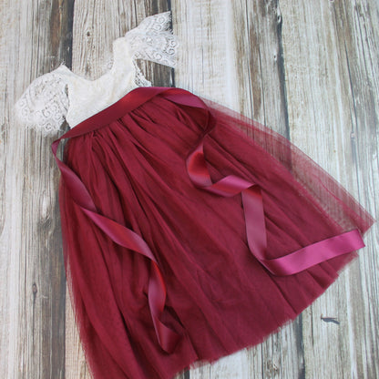 short sleeve flower girl dress burgundy tulle junior bridesmaid dress
