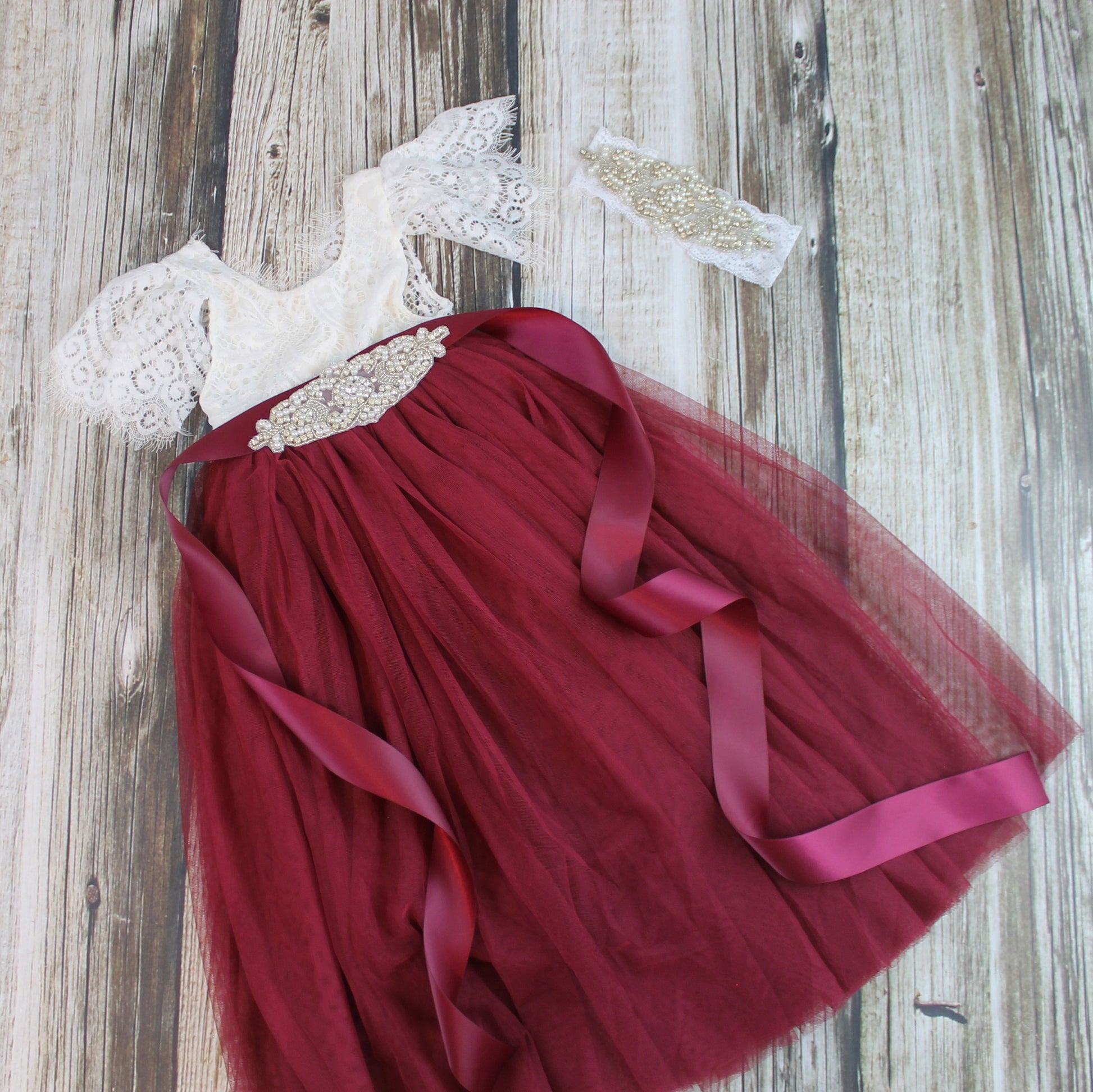 junior bridesmaid burgundy tulle short sleeve flower girl dress