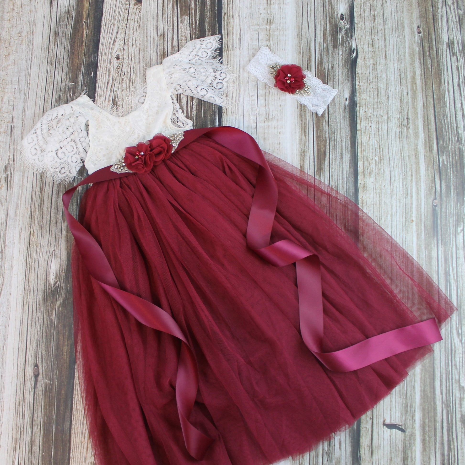 boho flower girl dress short sleeve burgundy tulle