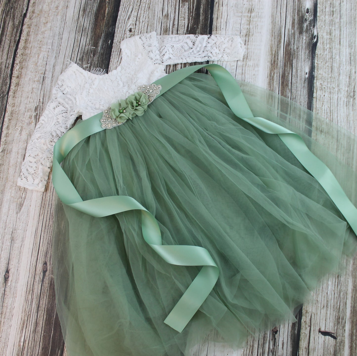 tulle flower girl dress in sage green