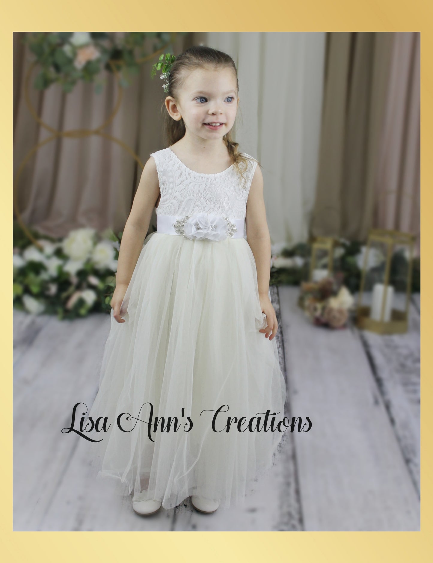 Bohemian flower girl dress ivory sleeveless white lace and full length tulle