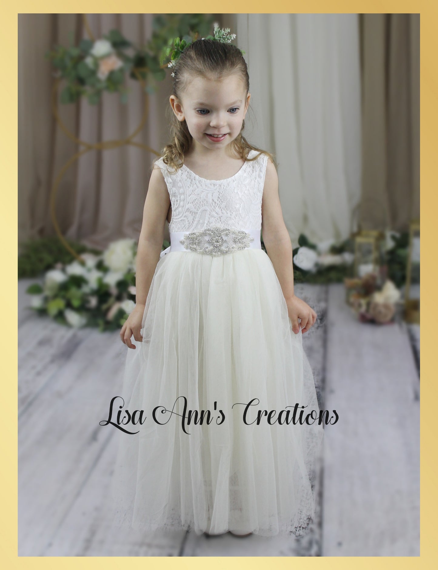 Flower girl dress Ivory tulle sleeveless white lace and full length 