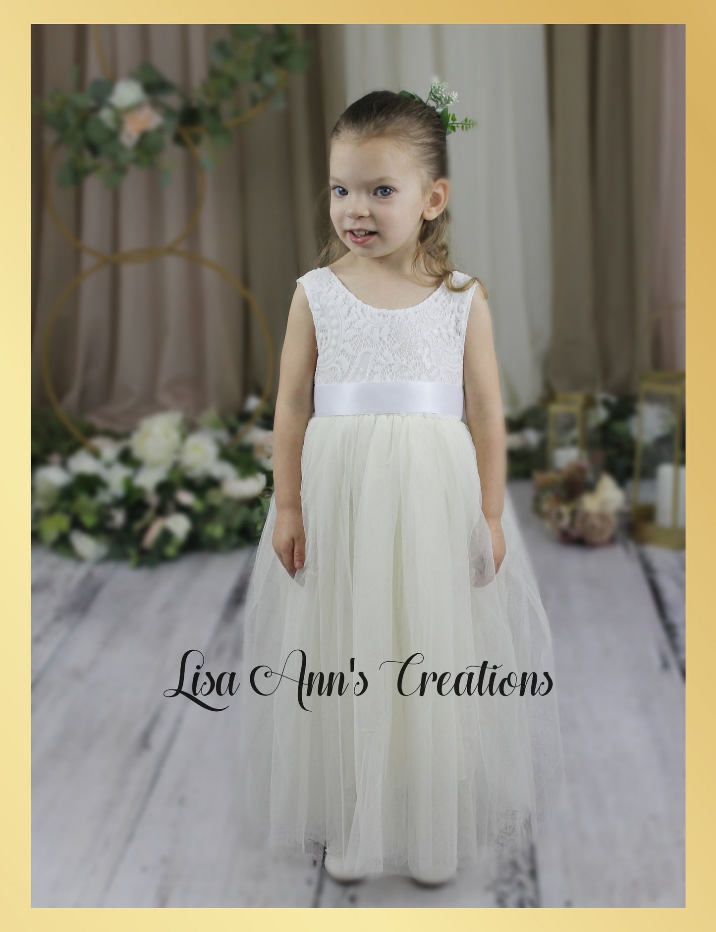 boho Ivory flower girl dress sleeveless white lace and full length tulle