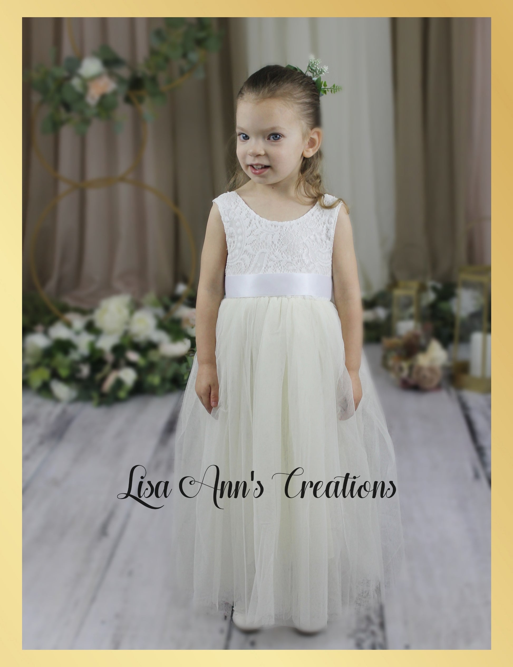 boho Ivory flower girl dress sleeveless white lace and full length tulle