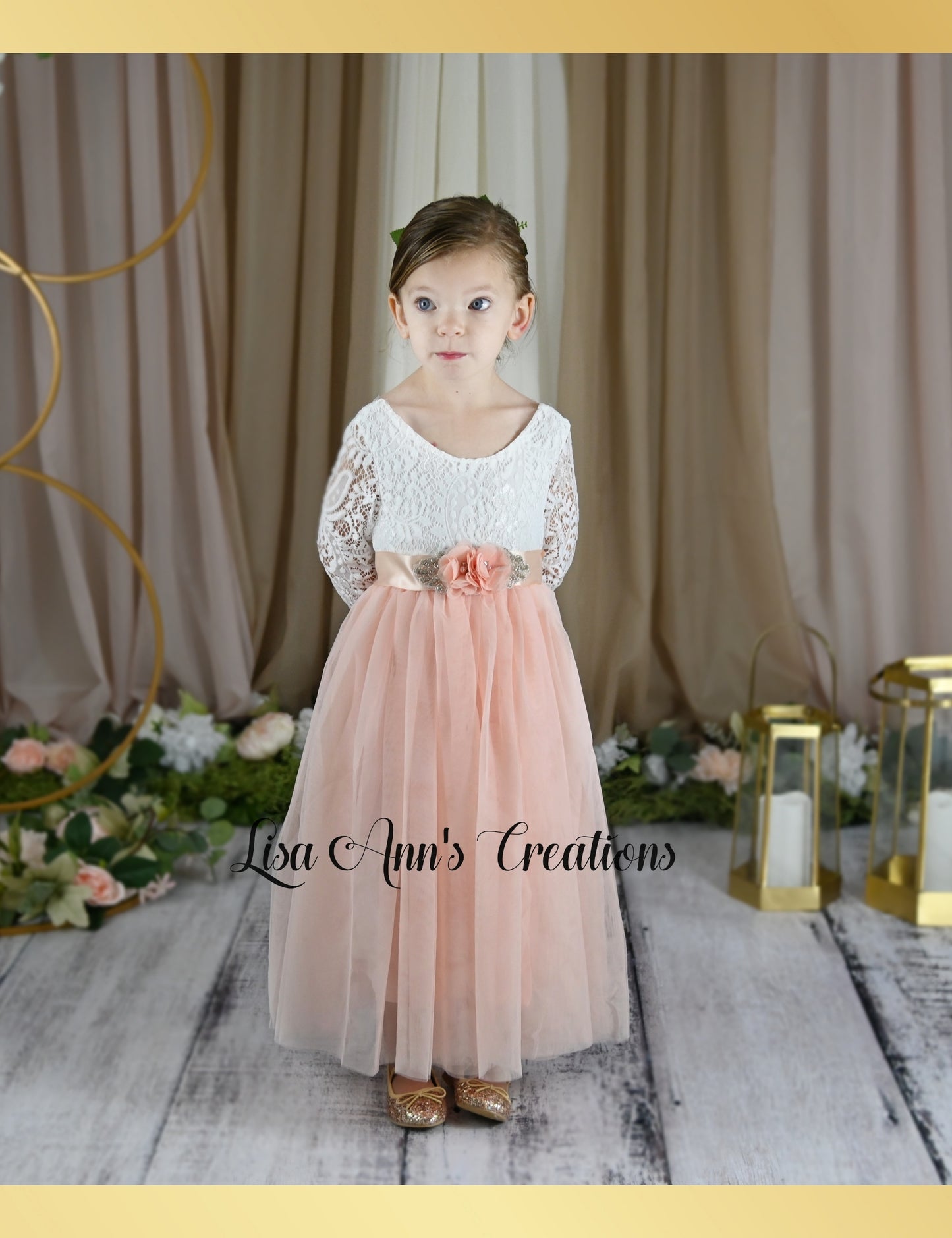 Boho Flower girl dress in light peach and white lace