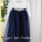 Navy Blue flower girl dress with white lace long sleeves and full length navy tulle