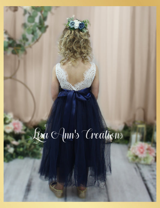 Flower Girl dress sleeveless white lace and navy tulle full length style