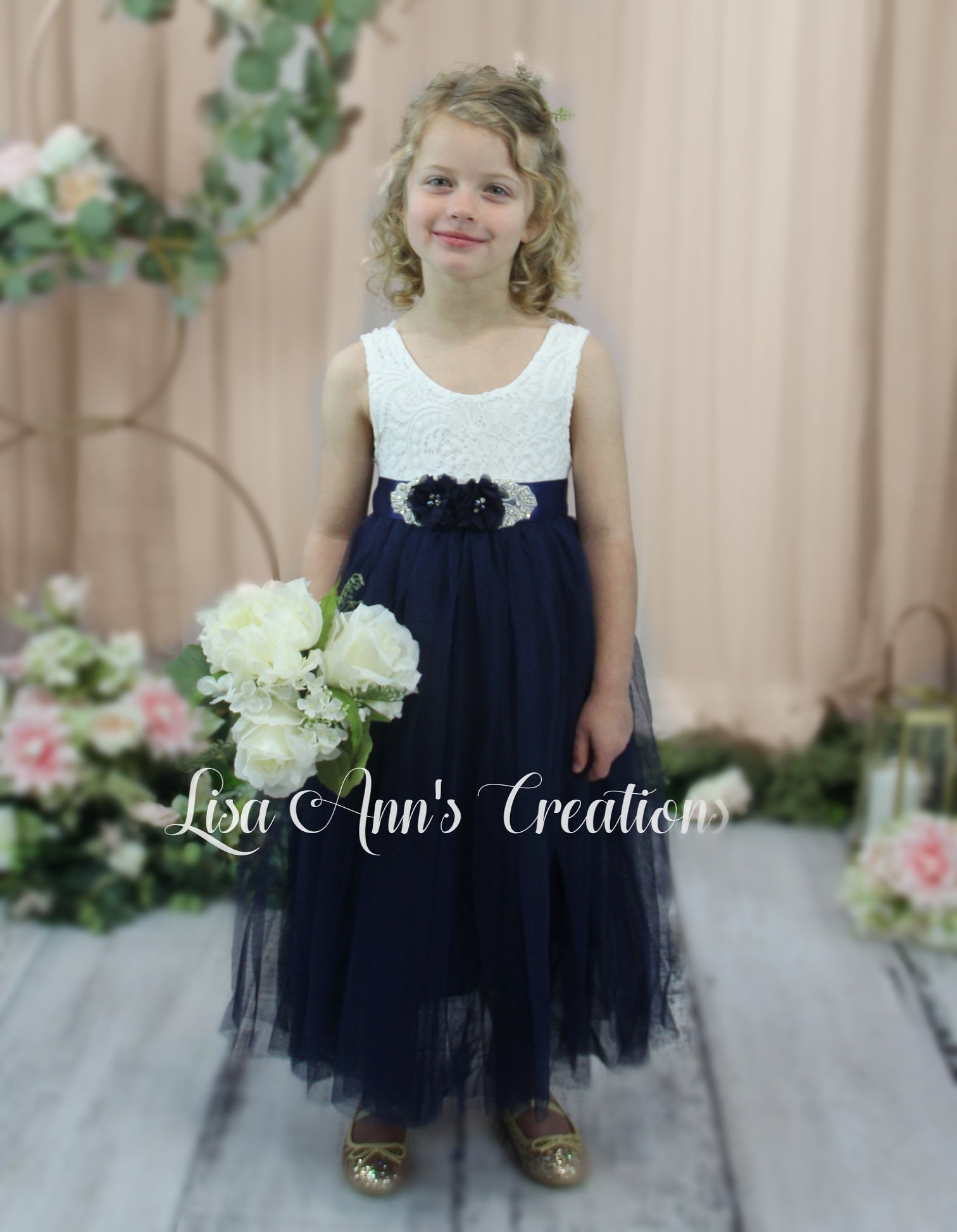 Navy flower girl dress sleeveless lace full length tulle