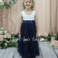 boho flower girl dress navy tulle full length white sleeveless lace 