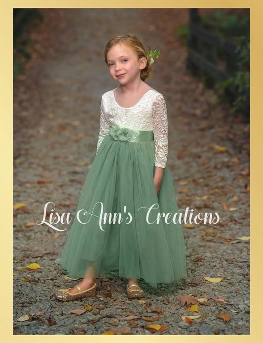 Flower girl dress sage tulle with white lace