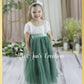 Sage green flower girl dress in short sleeve white lace with full length tulle