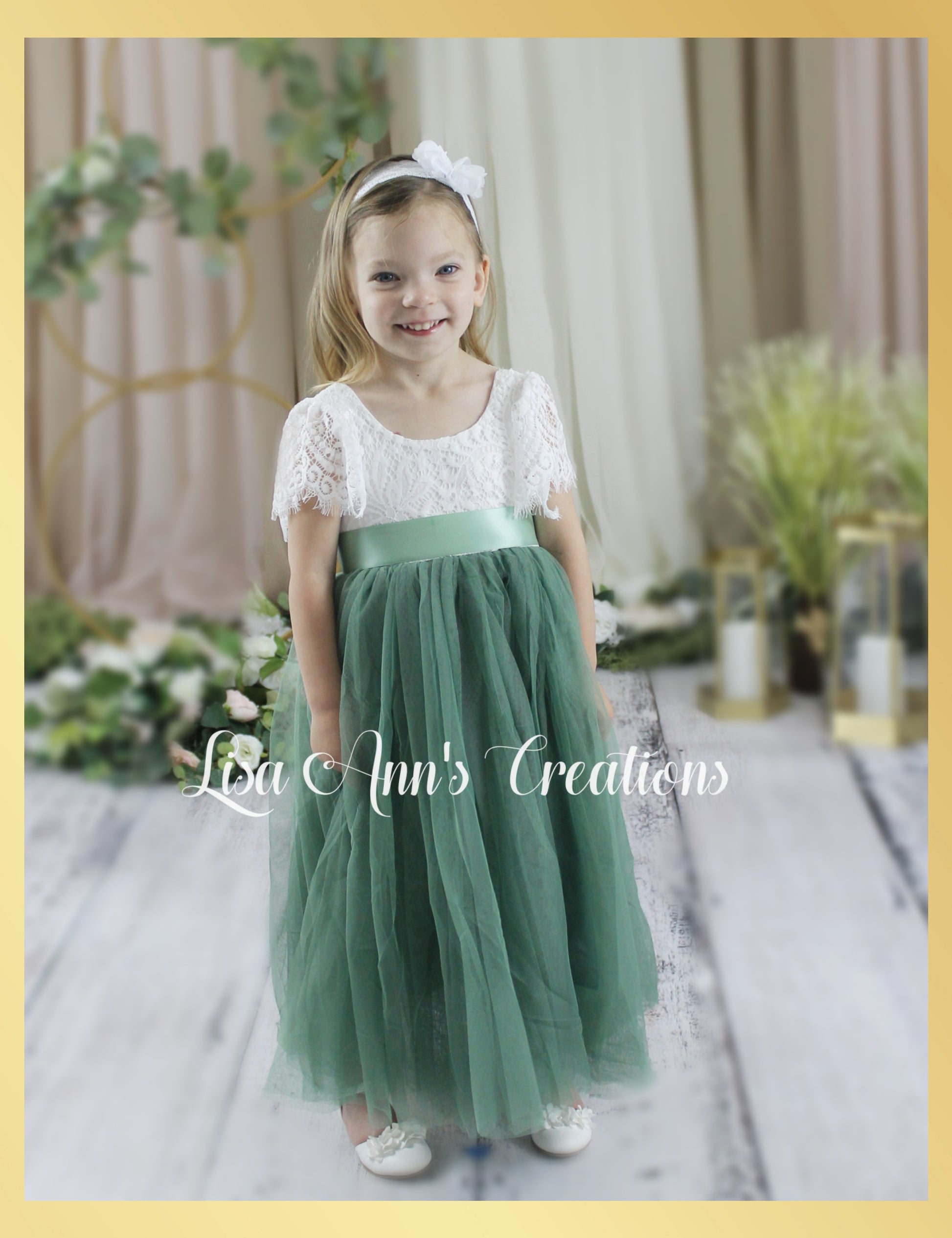 Sage green flower girl dress in short sleeve white lace with full length tulle