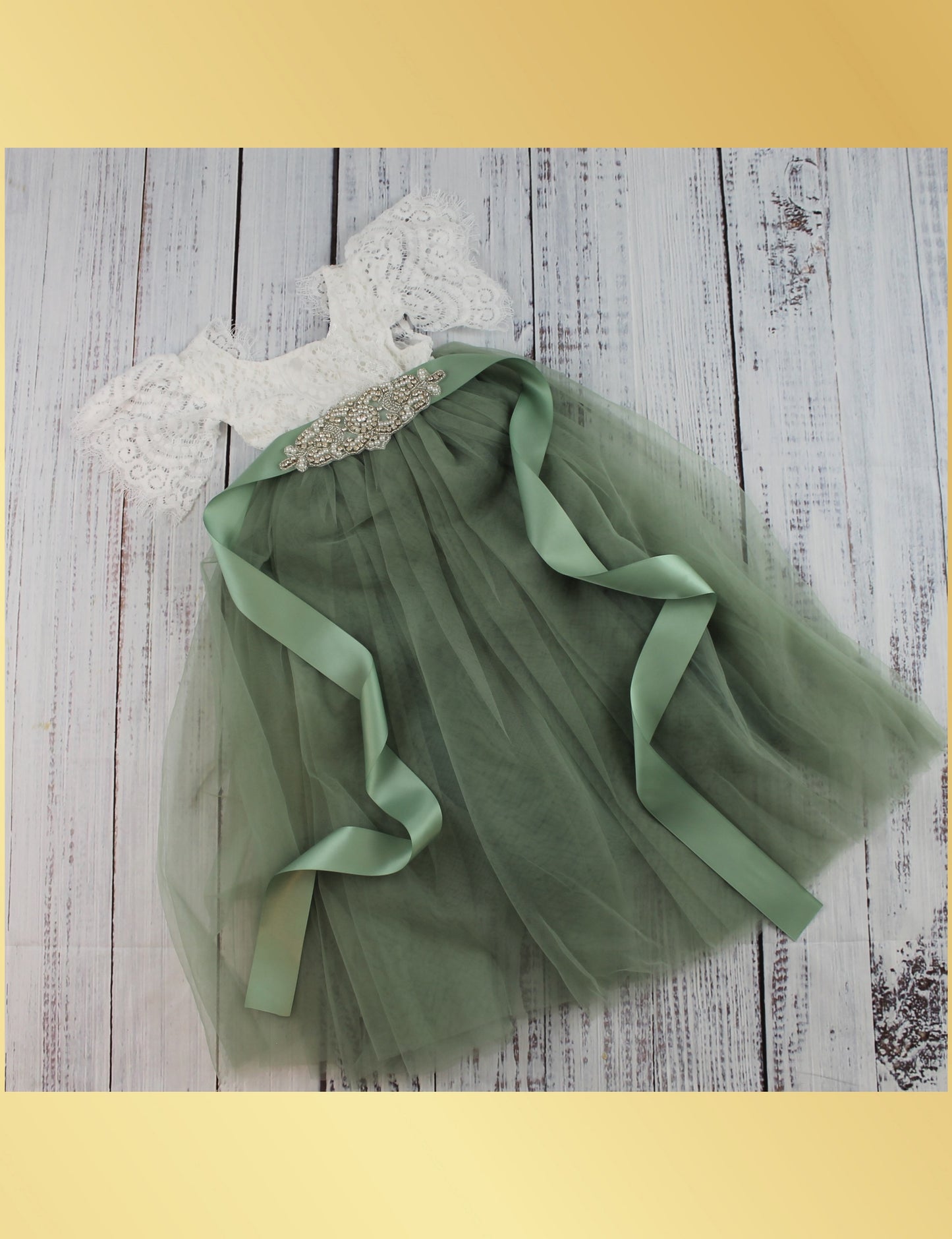 Tulle flower girl dress in sage green short sleeve white lace with full length tulle