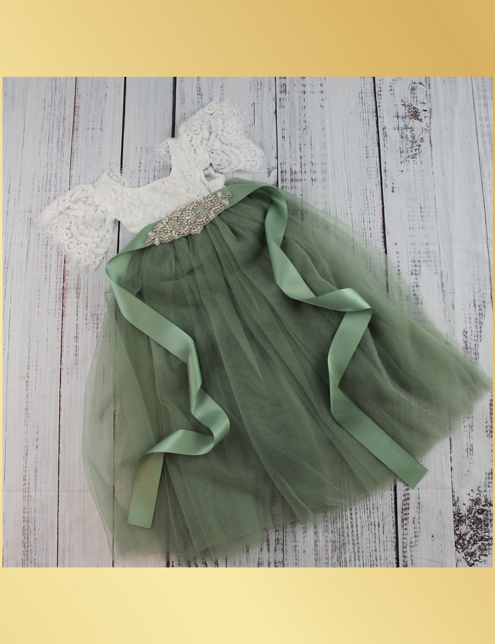 Sage Flower Girl Dress in Short Sleeves Full Length Tulle Dress Lisa Ann's Creations Sage Flower Girl Dress in Short Sleeves Full Length Tulle Dress Lisa Ann's Creations