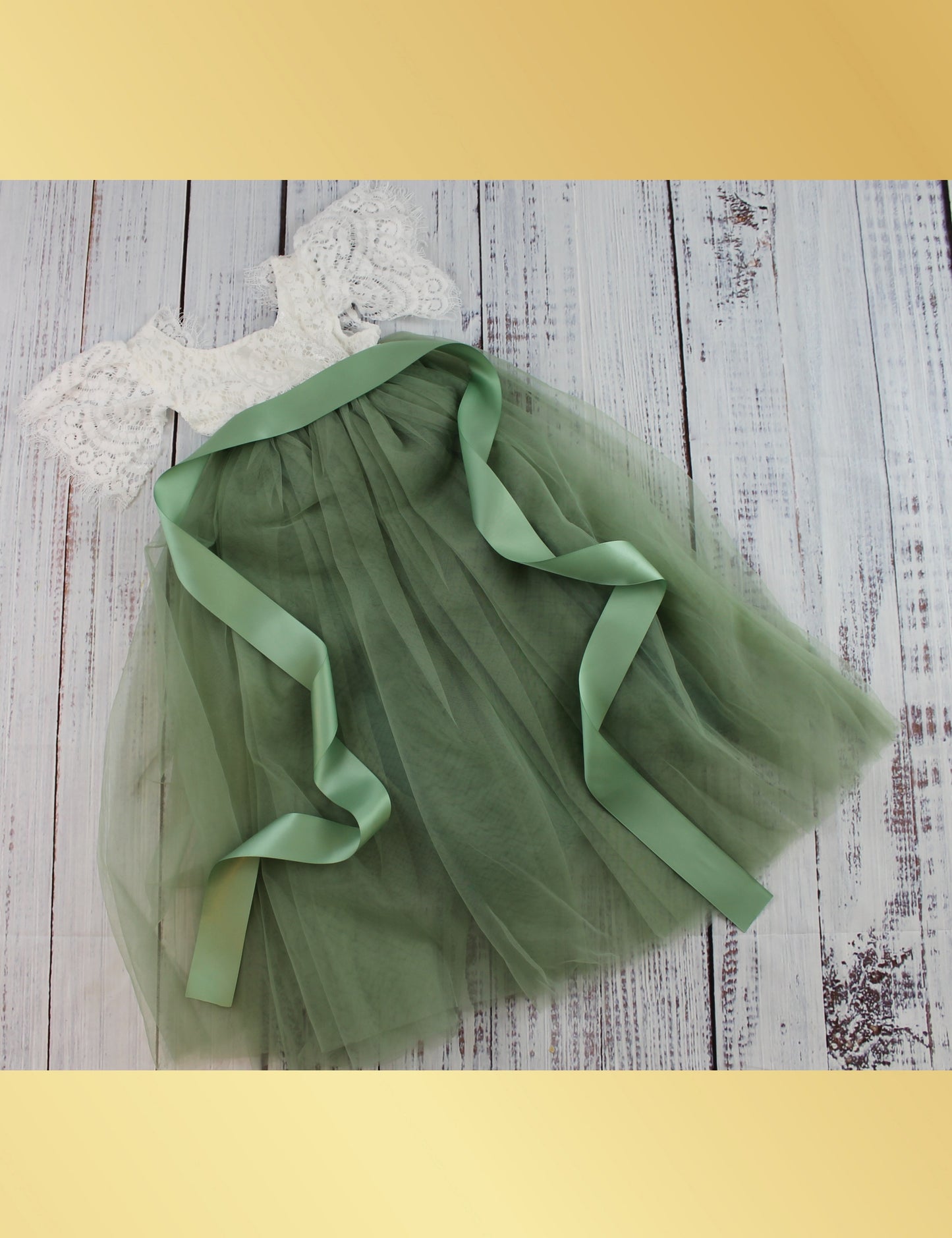 flower girl dress sage green in short sleeve white lace with full length tulle