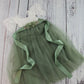 Short sleeve Sage green flower girl dress in white lace with full length tulle