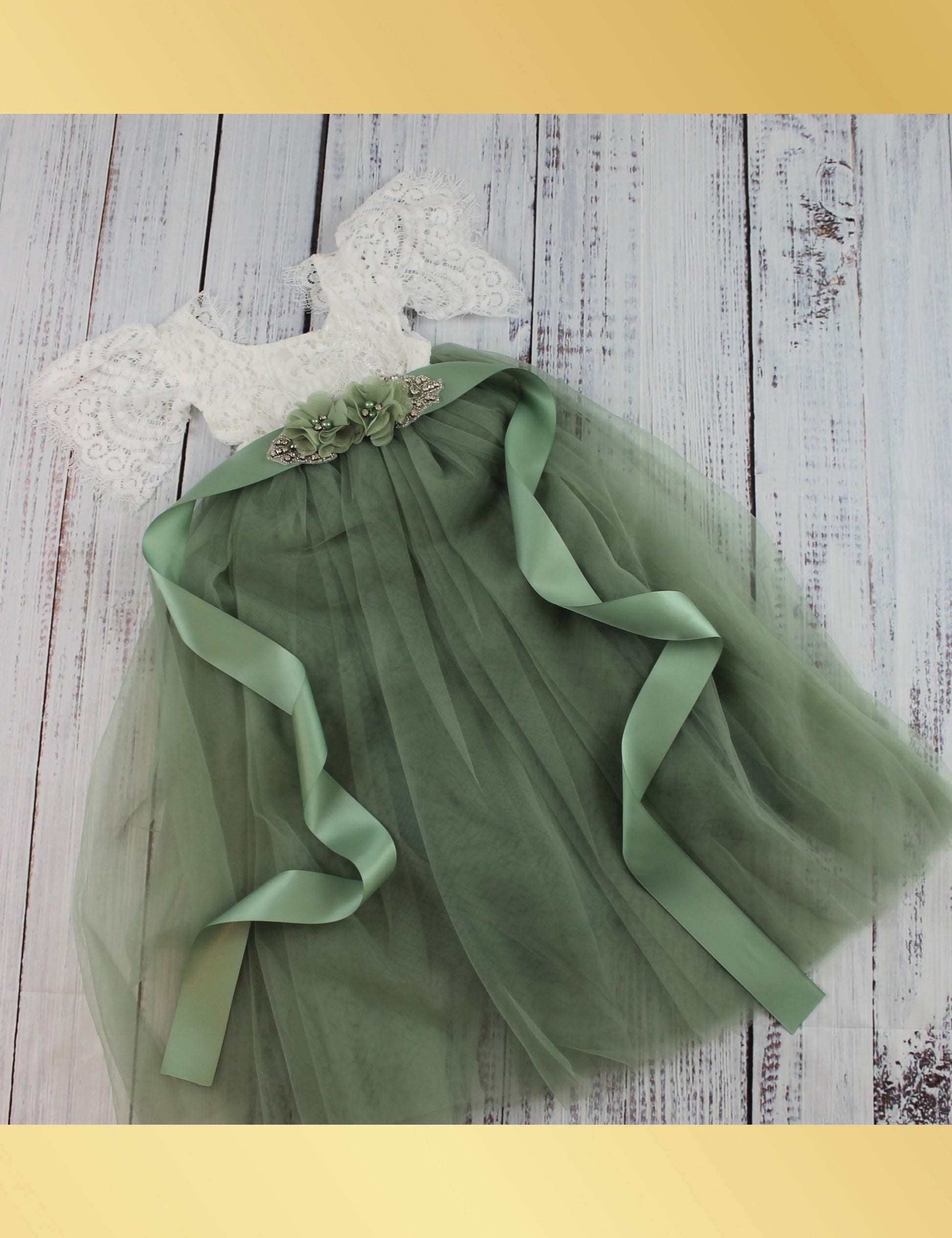 Short sleeve Sage green flower girl dress in white lace with full length tulle