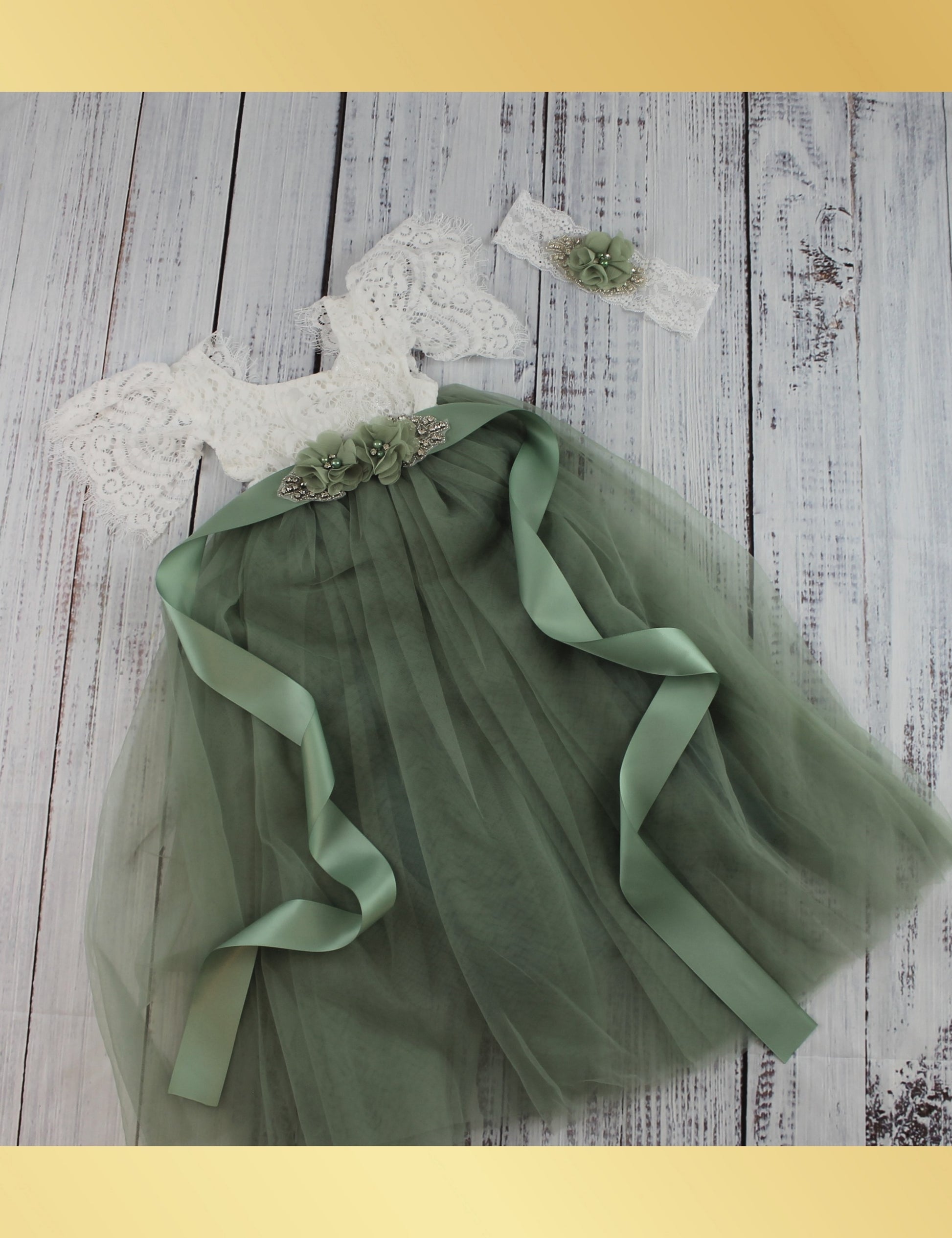 Sage flower girl dress in short sleeve white lace with full length tulle