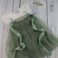 Sage green junior bridesmaid in short sleeve white lace with full length tulle