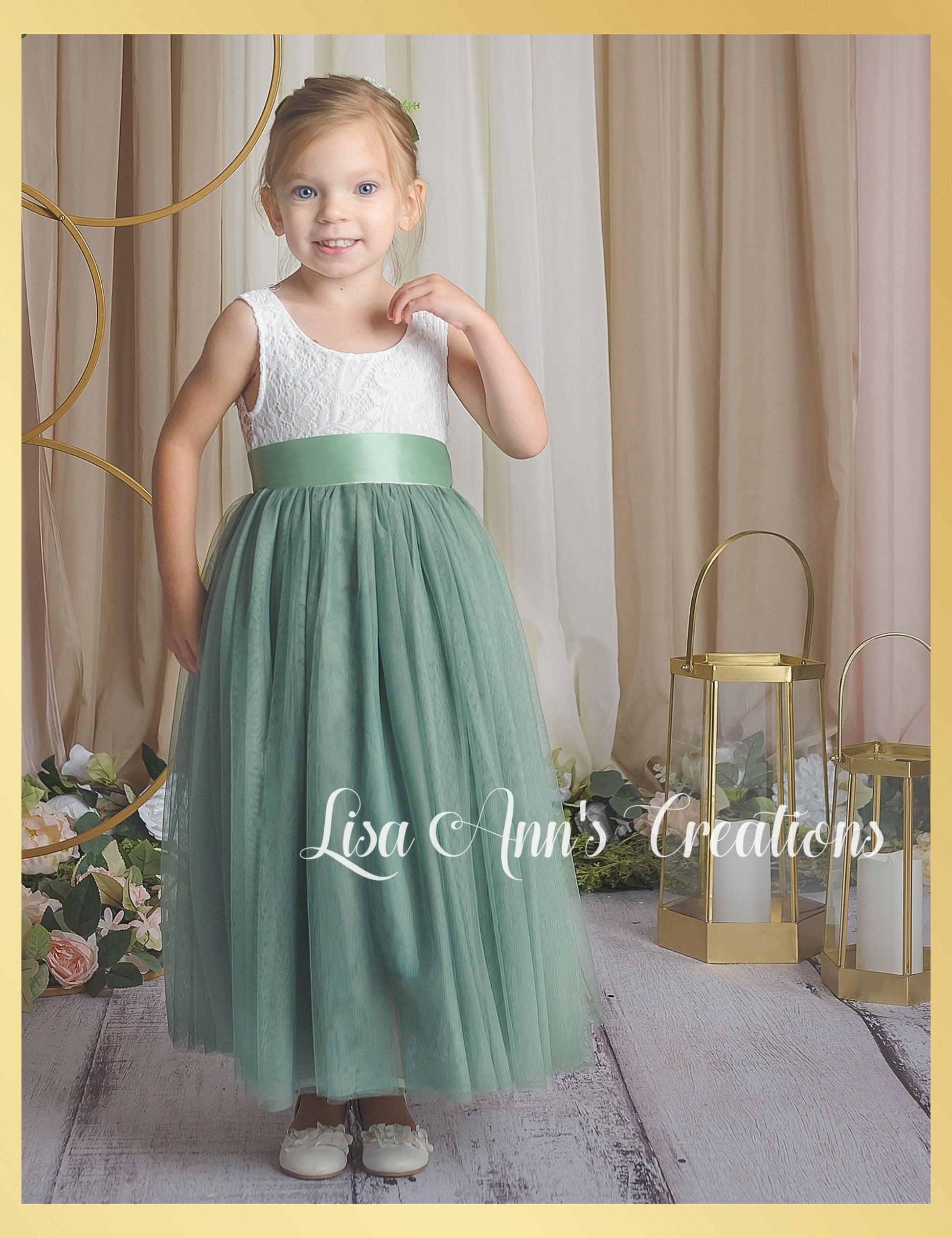 Sage Flower Girl Dress Sleeveless Full Length Tulle Dress Lisa Ann's Creations Sage Flower Girl Dress Sleeveless Full Length Tulle Dress Lisa Ann's Creations