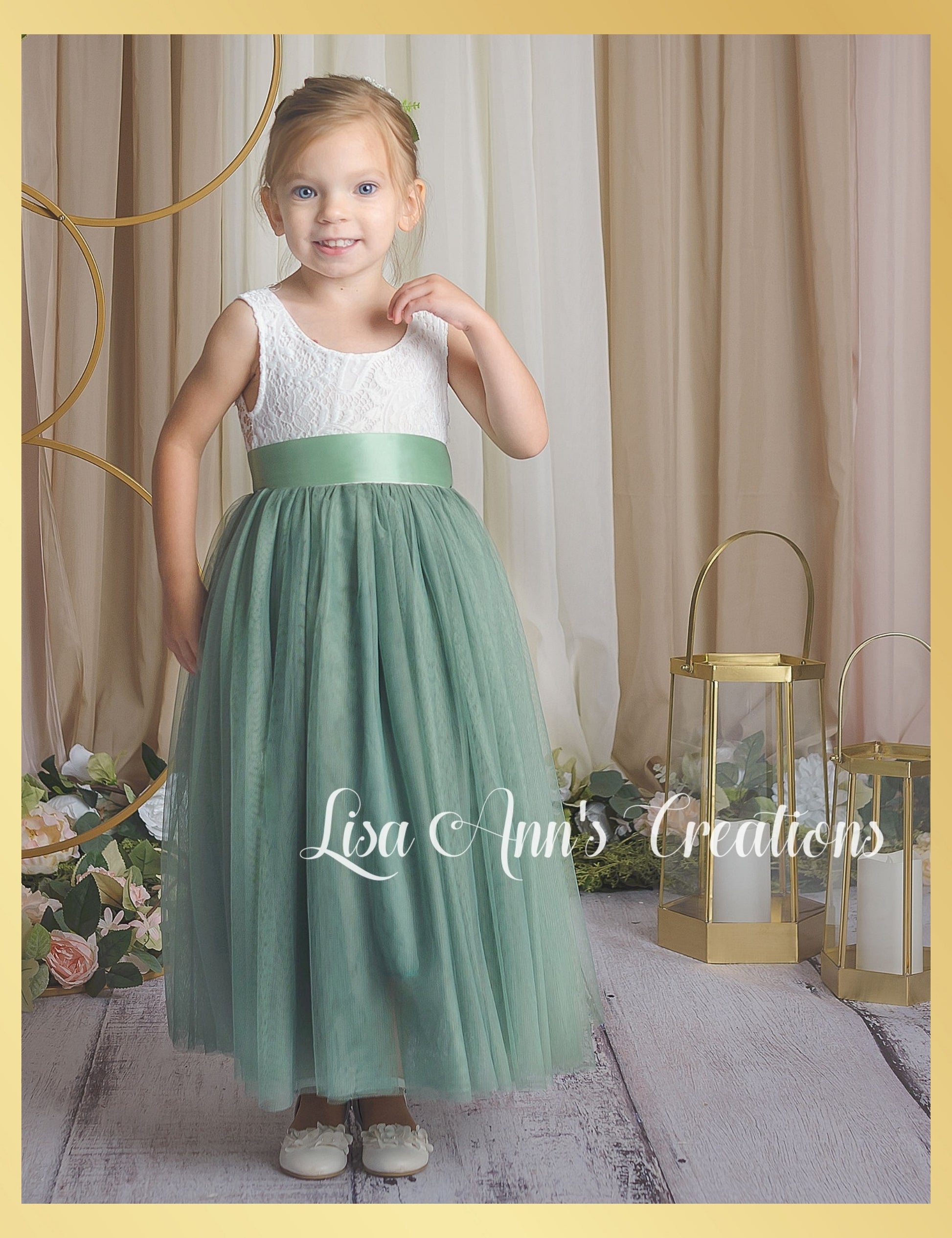 Flower girl dress sage green tulle with white sleeveless lace