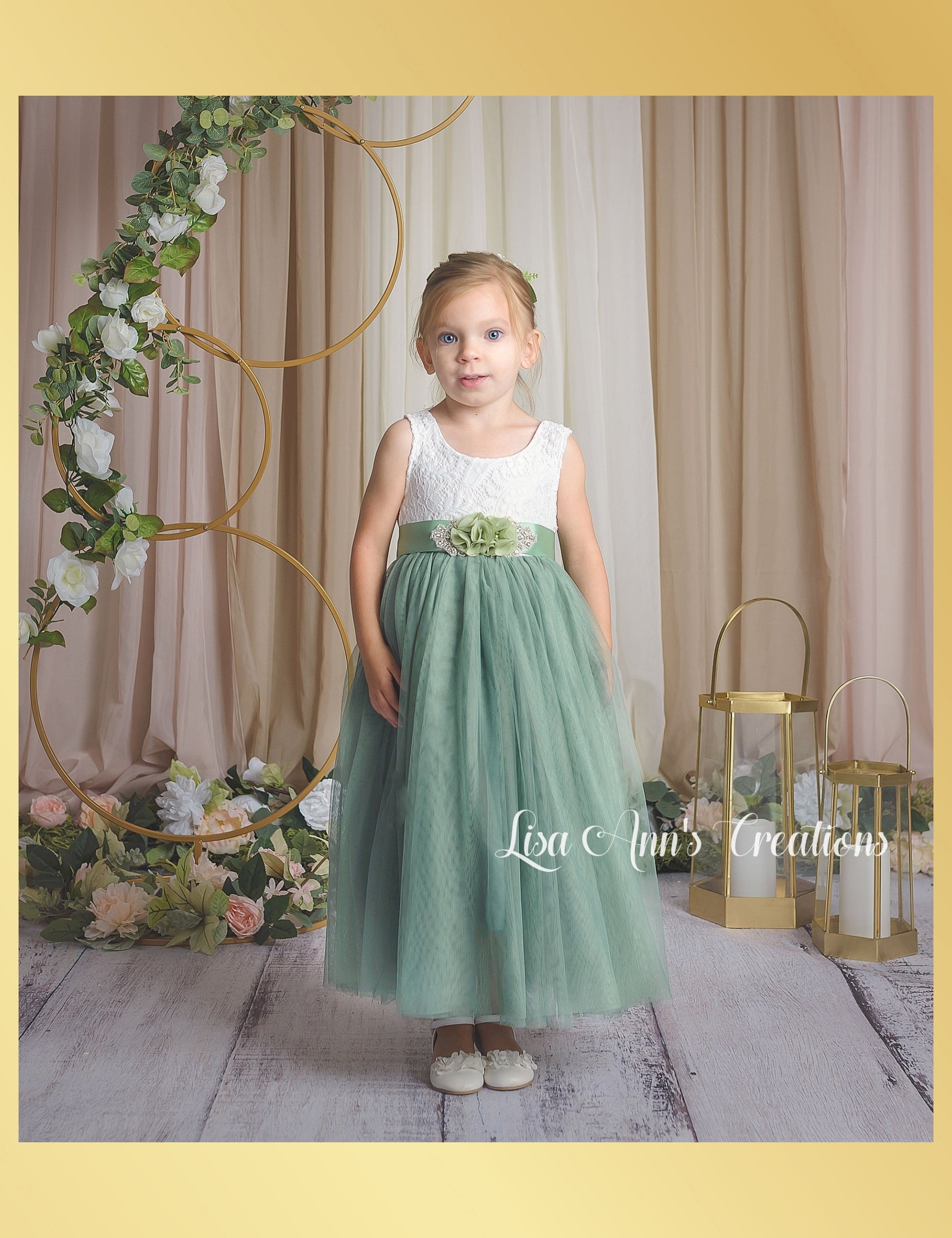 Sage Flower girl dress tulle with white sleeveless lace