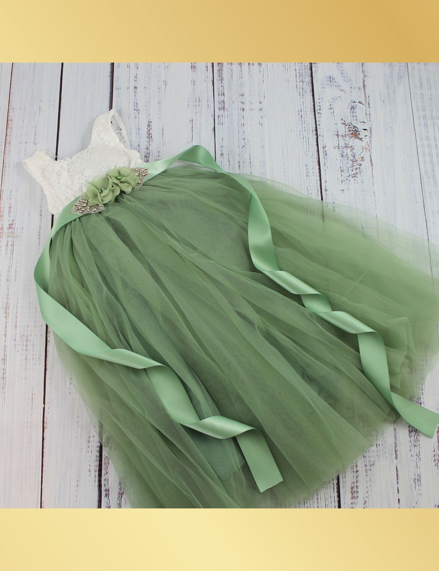 Junior bridesmaid dress in sage green with white sleeveless lace full length